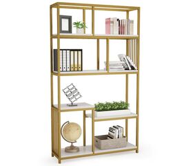 Βιβλιοθήκη-Ραφιέρα Denver pakoworld με χρυσό μεταλλικό σκελετό και λευκή όψη μαρμάρου 100x30x180εκ - ΒΙΒΛΙΟΘΗΚΕΣ στο Milonadakis.gr