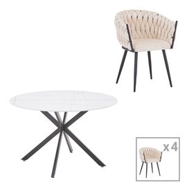 Τραπεζαρία Vivian-Stoyen pakoworld 5τεμ μπεζ βελούδο - λευκό με μαύρο μαρμάρου Φ120x75εκ - ΤΡΑΠΕΖΑΡΙΕΣ στο Milonadakis.gr