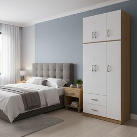 Ντουλάπα τρίφυλλη με 2 συρτάρια και πατάρι Lego pakoworld σε oak-λευκή απόχρωση 90x42x240εκ - ΝΤΟΥΛΑΠΕΣ στο Milonadakis.gr