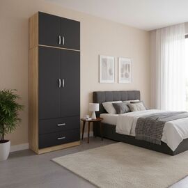 Ντουλάπα δίφυλλη με 2 συρτάρια και πατάρι Lego pakoworld σε oak-ανθρακί απόχρωση 80x42x240εκ - ΝΤΟΥΛΑΠΕΣ στο Milonadakis.gr