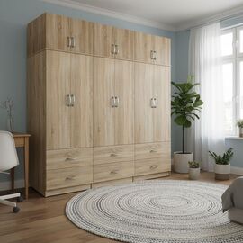 Ντουλάπα εξάφυλλη με συρτάρια και πατάρι Lego pakoworld sonoma 240x42x240εκ - ΝΤΟΥΛΑΠΕΣ στο Milonadakis.gr