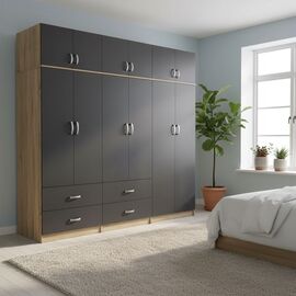 Ντουλάπα εξάφυλλη με πατάρι Lego pakoworld sonoma-ανθρακί 240x42x240εκ - ΝΤΟΥΛΑΠΕΣ στο Milonadakis.gr