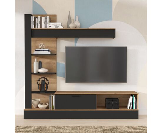 Σύνθετο σαλονιού Dranko pakoworld μαύρο-oak μελαμίνης 205x41.5x192εκ - ΣΥΝΘΕΣΕΙΣ ΣΑΛΟΝΙΟΥ στο Milonadakis.gr