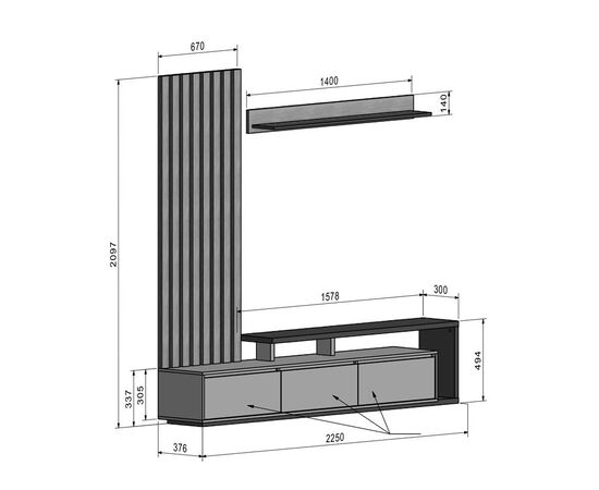 Σύνθετο σαλονιού Claironse pakoworld ανθρακί μελαμίνης 225x37.6x210εκ - ΣΥΝΘΕΣΕΙΣ ΣΑΛΟΝΙΟΥ στο Milonadakis.gr