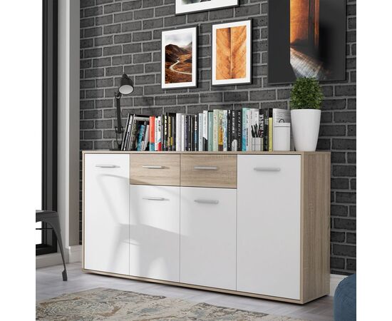 Μπουφές Drepen pakoworld μελαμίνη σε λευκό και sonoma χρώμα 162.3x34.2x81.7εκ - ΜΠΟΥΦΕΔΕΣ-ΚΟΝΣΟΛΕΣ στο Milonadakis.gr