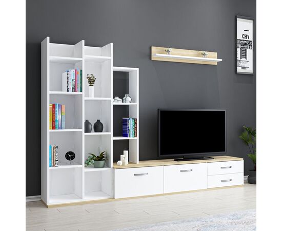 Σύνθεση σαλονιού Leman pakoworld σε λευκή-oak απόχρωση 240x35x154εκ - ΣΥΝΘΕΣΕΙΣ ΣΑΛΟΝΙΟΥ στο Milonadakis.gr