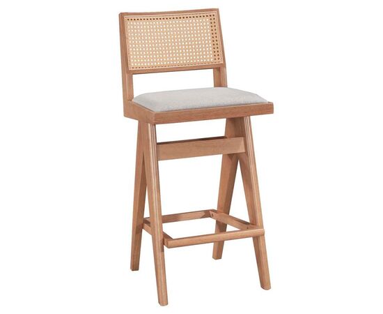 Σκαμπό bar Winslow pakoworld ξύλο rubberwood ανοικτό καρυδί-pvc rattan φυσικό-ύφασμα γκρι 44.5x46x98εκ - ΣΚΑΜΠΟ ΜΠΑΡ στο Milonadakis.gr