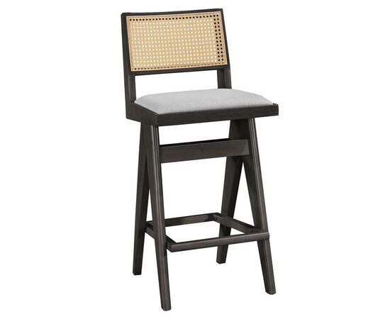 Σκαμπό bar Winslow pakoworld ξύλο rubberwood μαύρο-pvc rattan φυσικό-ύφασμα γκρι 44.5x46x98εκ - ΣΚΑΜΠΟ ΜΠΑΡ στο Milonadakis.gr
