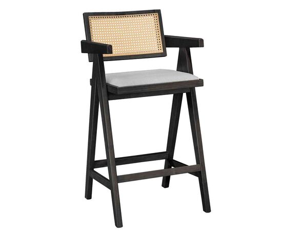 Σκαμπό bar Winslow pakoworld ξύλο rubberwood μαύρο-pvc rattan φυσικό-ύφασμα γκρι - ΣΚΑΜΠΟ ΜΠΑΡ στο Milonadakis.gr