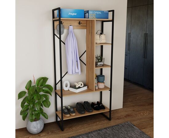 Έπιπλο εισόδου Feranda pakoworld με ράφια oak με μαύρο μεταλλικό σκελετό 88x34x180εκ - ΕΠΙΠΛΑ ΕΙΣΟΔΟΥ στο Milonadakis.gr