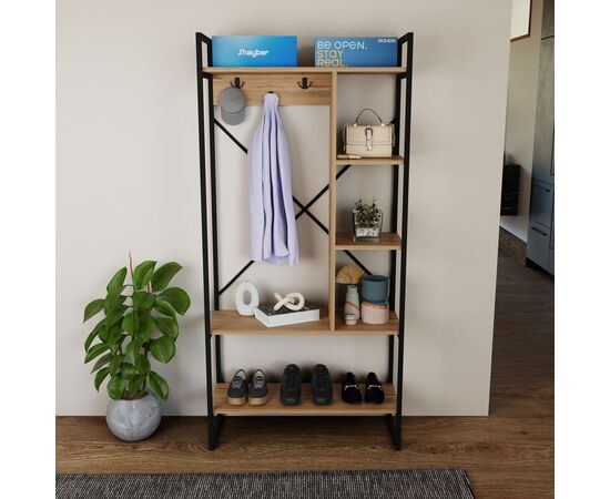 Έπιπλο εισόδου Feranda pakoworld με ράφια oak με μαύρο μεταλλικό σκελετό 88x34x180εκ - ΕΠΙΠΛΑ ΕΙΣΟΔΟΥ στο Milonadakis.gr