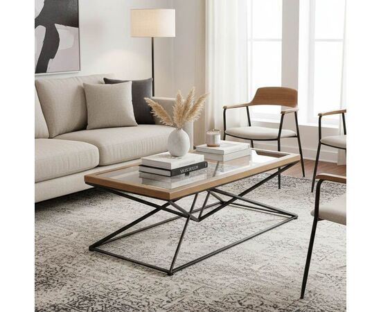 Τραπέζι σαλονιού Cena Inart μαύρο-φυσικό μέταλλο-γυαλί-ξύλο 121x61x45εκ - ΤΡΑΠΕΖΑΚΙΑ ΣΑΛΟΝΙΟΥ στο Milonadakis.gr