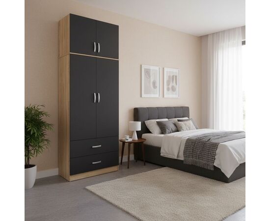 Ντουλάπα δίφυλλη με 2 συρτάρια και πατάρι Lego pakoworld σε oak-ανθρακί απόχρωση 80x42x240εκ - ΝΤΟΥΛΑΠΕΣ στο Milonadakis.gr