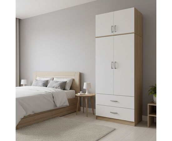 Ντουλάπα δίφυλλη με 2 συρτάρια και πατάρι Lego pakoworld σε oak-λευκή απόχρωση 80x42x240εκ - ΝΤΟΥΛΑΠΕΣ στο Milonadakis.gr