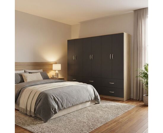 Ντουλάπα εξάφυλλη με συρτάρια Lego pakoworld sonoma-ανθρακι 240x42x180εκ - ΝΤΟΥΛΑΠΕΣ στο Milonadakis.gr