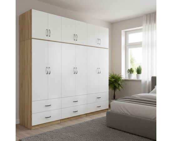 Ντουλάπα εξάφυλλη με συρτάρια και πατάρι Lego pakoworld sonoma-λευκή 240x42x240εκ - ΝΤΟΥΛΑΠΕΣ στο Milonadakis.gr
