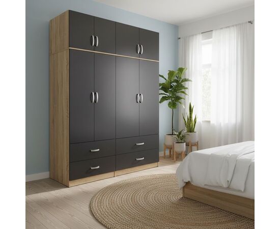 Ντουλάπα τετράφυλλη με συρτάρια και πατάρι Lego pakoworld sonoma-ανθρακί 160x42x240εκ - ΝΤΟΥΛΑΠΕΣ στο Milonadakis.gr